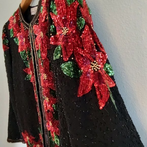 Laurence Kazar Sequin Beaded Embellished Christmas Poinsettia Cardigan Jacket L - Picture 6 of 8
